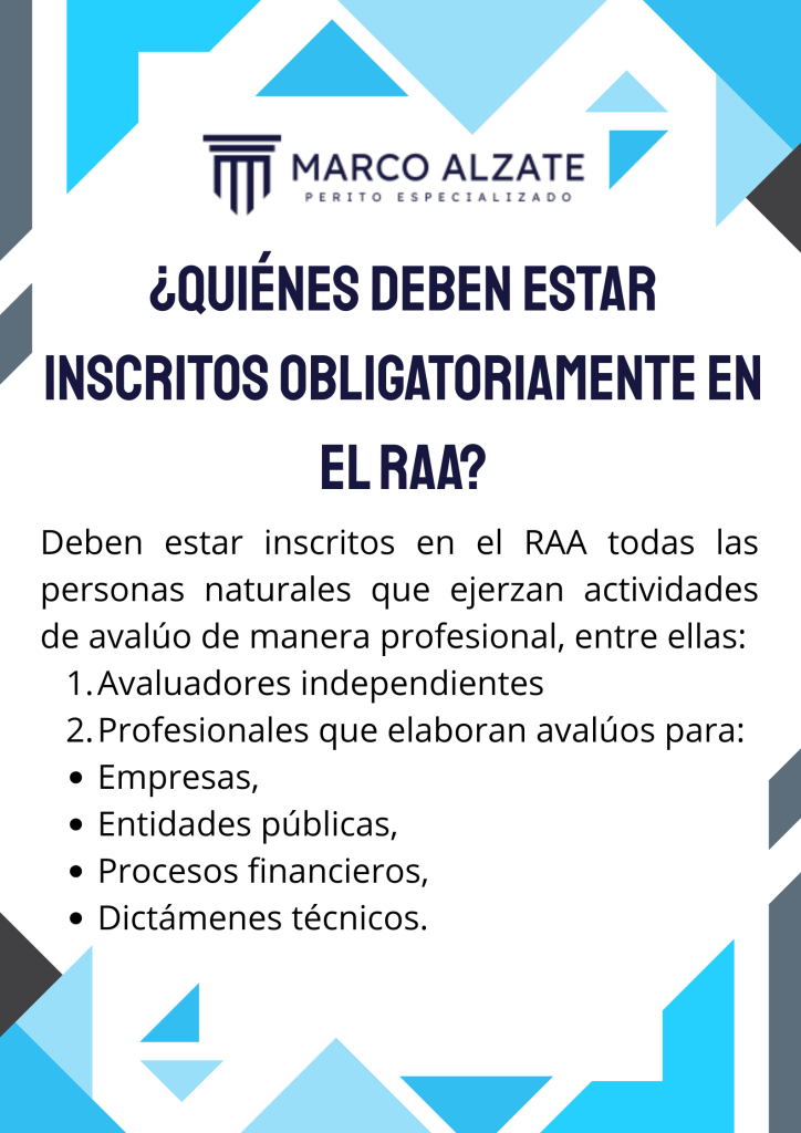 • quién debe estar inscrito en el RAA
• Registro Abierto de Avaluadores Colombia
• avaluador certificado Colombia
• requisitos RAA
• competencia del avaluador
