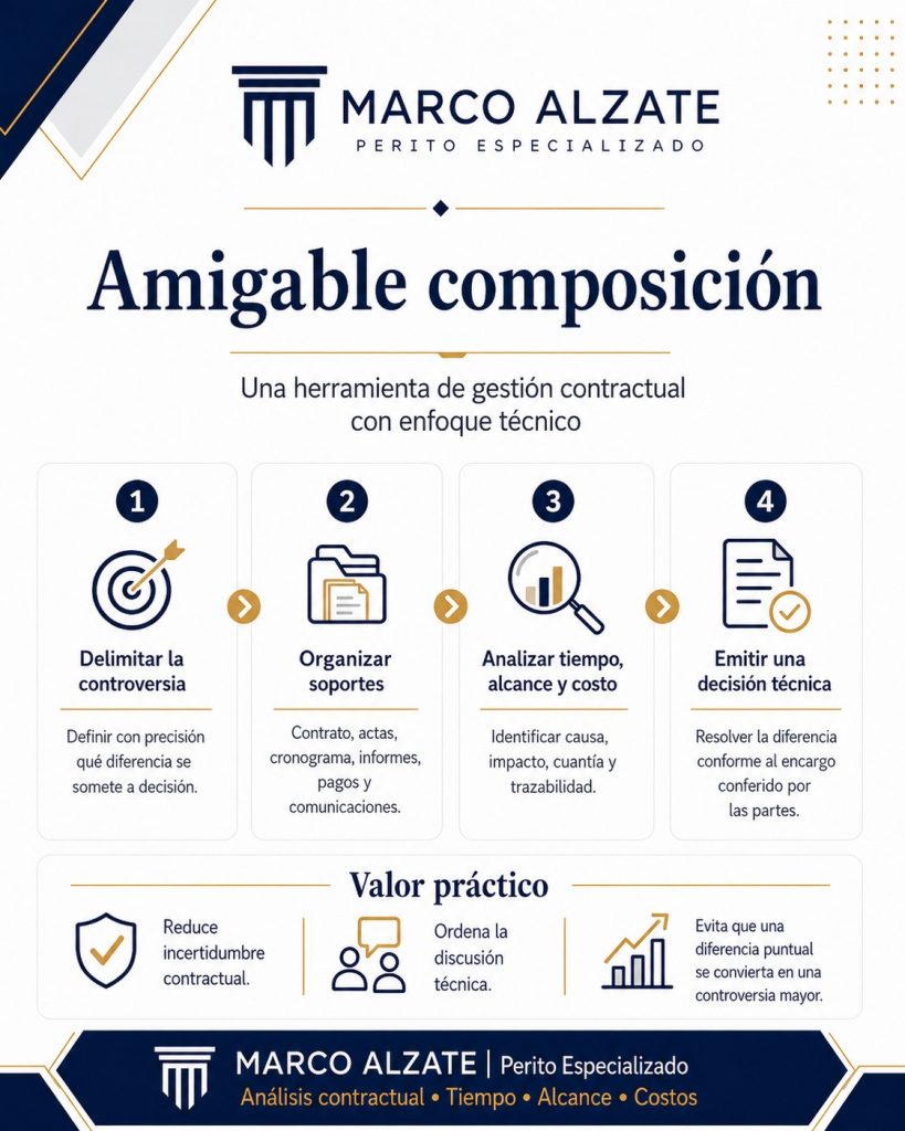 El valor del amigable componedor está en facilitar una respuesta focalizada sin esperar necesariamente al cierre total del contrato. Una definición oportuna sobre un precio, una cantidad, una especificación o un periodo puede reducir la acumulación de reclamaciones y permitir que las partes continúen ejecutando con reglas más claras.