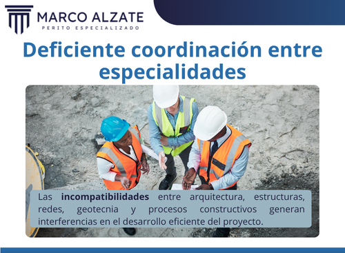 Las incompatibilidades entre arquitectura, estructuras, redes, geotecnia y procesos constructivos generan interferencias en el desarrollo eficiente de proyectos de infraestructura. 