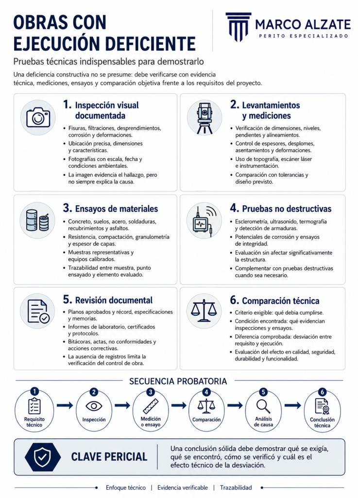 Para demostrar obras con ejecución deficiente no es suficiente con solo afirmarlo, sino que se tiene que demostrar mediante pruebas técnicas.